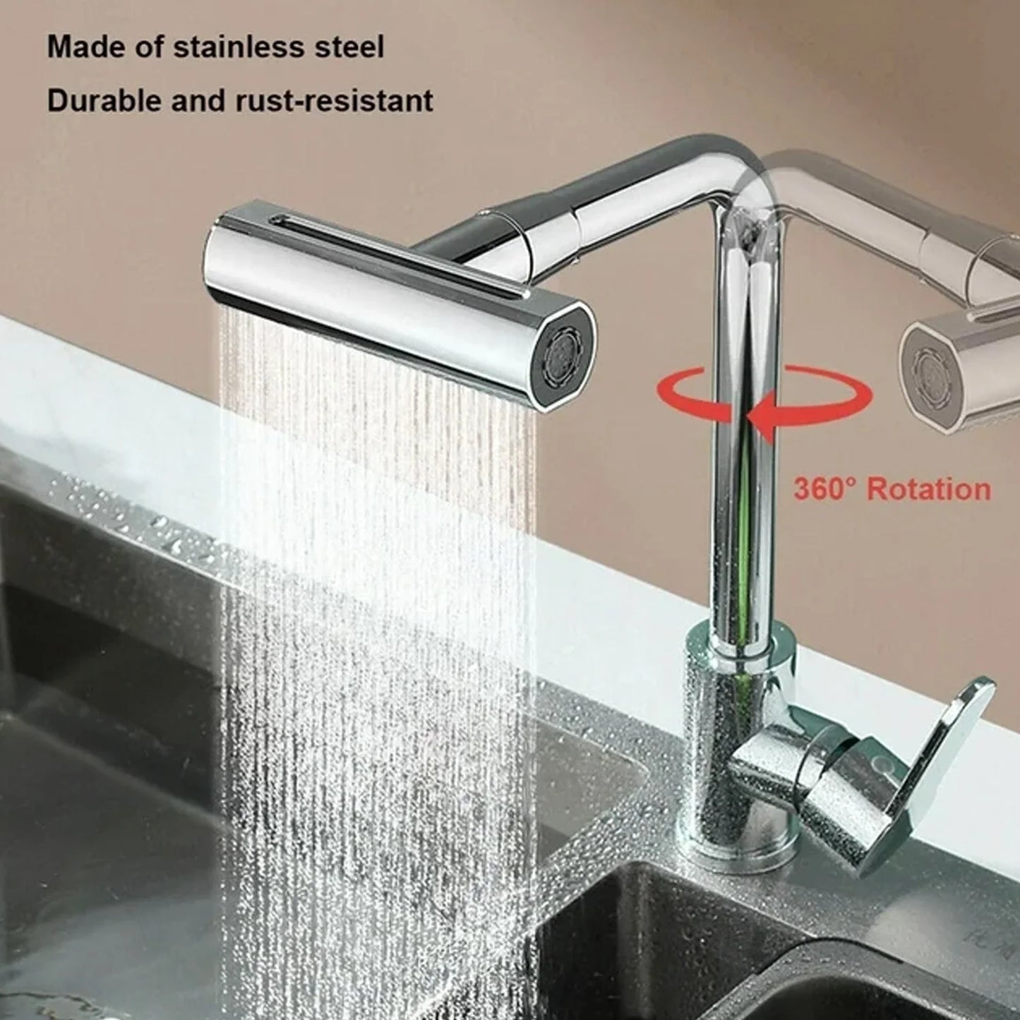 3 in 1 Waterfall Kitchen Faucet 360° Swiveling Anti-Splash Sink Faucet Sprayer.