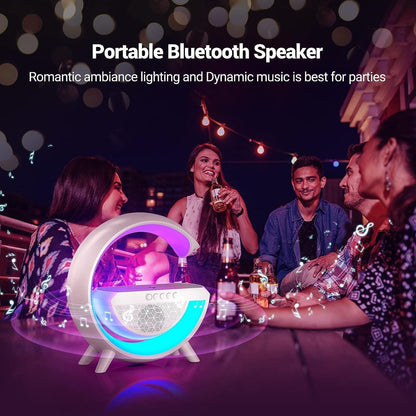 G Shape Bluetooth LED Wireless Speaker with USB Port, SD Card Slot, FM Mode, RGB Mood Light & Wireless Smartphone Charging Dock, LED Desk Lamp with Rechargeable Battery.