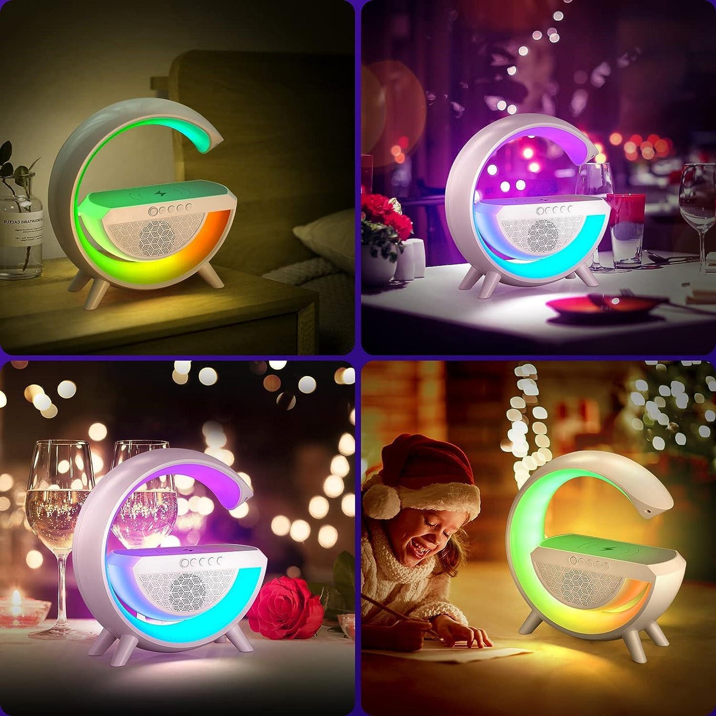 G Shape Bluetooth LED Wireless Speaker with USB Port, SD Card Slot, FM Mode, RGB Mood Light & Wireless Smartphone Charging Dock, LED Desk Lamp with Rechargeable Battery.