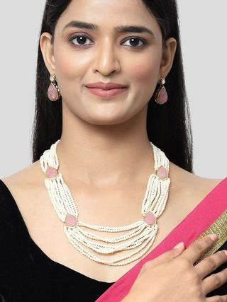 Karatcart Pink Carved Stone Studded Pearl Beaded Rani Haar Necklace Set for Women