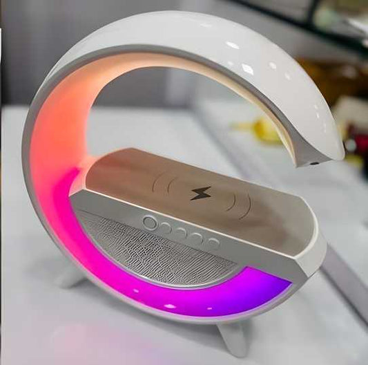 G Shape Bluetooth LED Wireless Speaker with USB Port, SD Card Slot, FM Mode, RGB Mood Light & Wireless Smartphone Charging Dock, LED Desk Lamp with Rechargeable Battery.