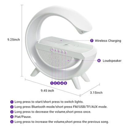 G Shape Bluetooth LED Wireless Speaker with USB Port, SD Card Slot, FM Mode, RGB Mood Light & Wireless Smartphone Charging Dock, LED Desk Lamp with Rechargeable Battery.