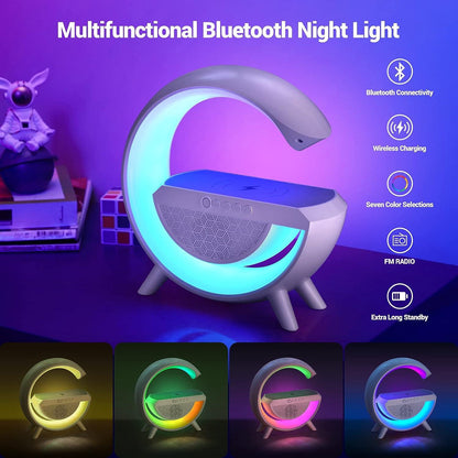 G Shape Bluetooth LED Wireless Speaker with USB Port, SD Card Slot, FM Mode, RGB Mood Light & Wireless Smartphone Charging Dock, LED Desk Lamp with Rechargeable Battery.